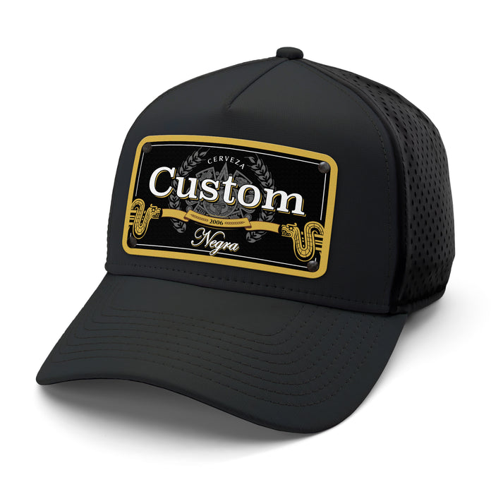 Model Black Beverage Label Custom Hat