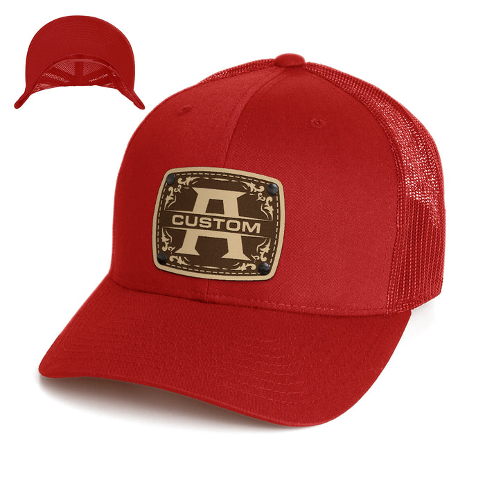 Monogram Custom Leather Patch Hat - Citylocs, Snapback / One Size Fits All / Red