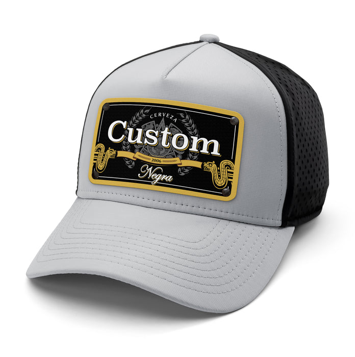 Model Black Beverage Label Custom Hat