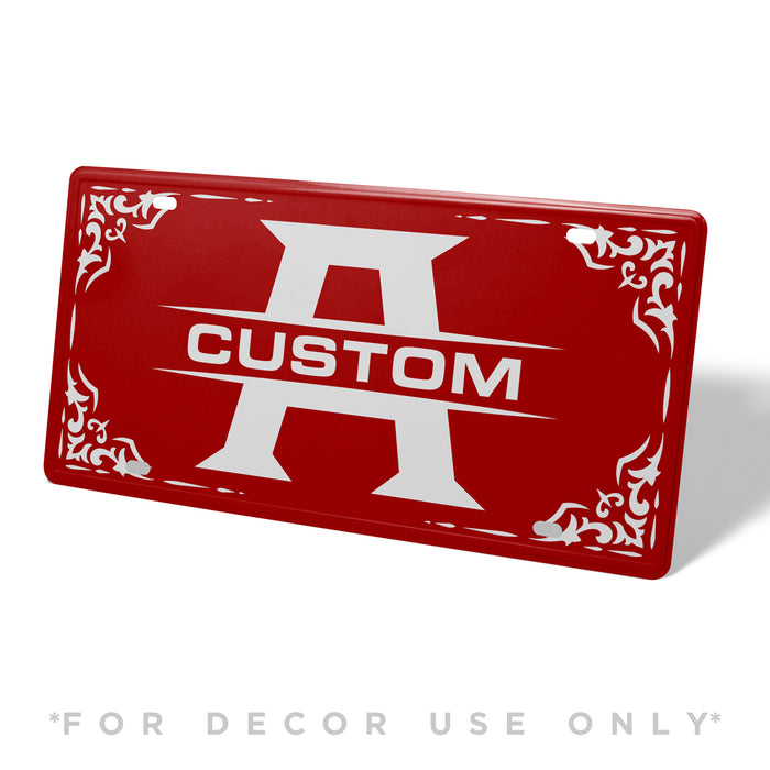 Red Monogram Metal License Plate