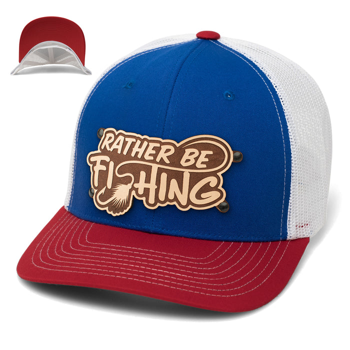 Get Hooked with The Rather Be Fishing Trucker Hat Blue, Red & Wht Mesh TR